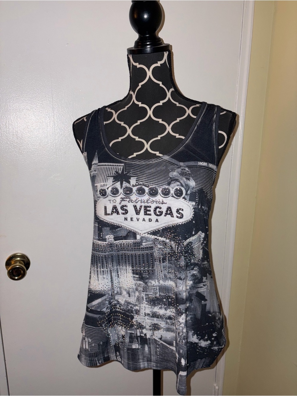Vintage Las Vegas Rhinestone Sparkle Graphic Racerback Tank Top - Gray